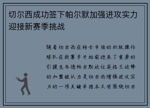 切尔西成功签下帕尔默加强进攻实力迎接新赛季挑战 切尔西成功签下帕尔默加强进攻实力迎接新赛季挑战